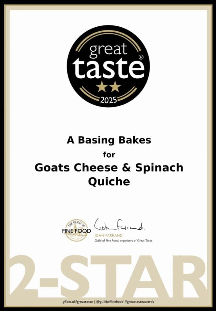 great taste 2 star certificate for goats cheese and spinach quiche